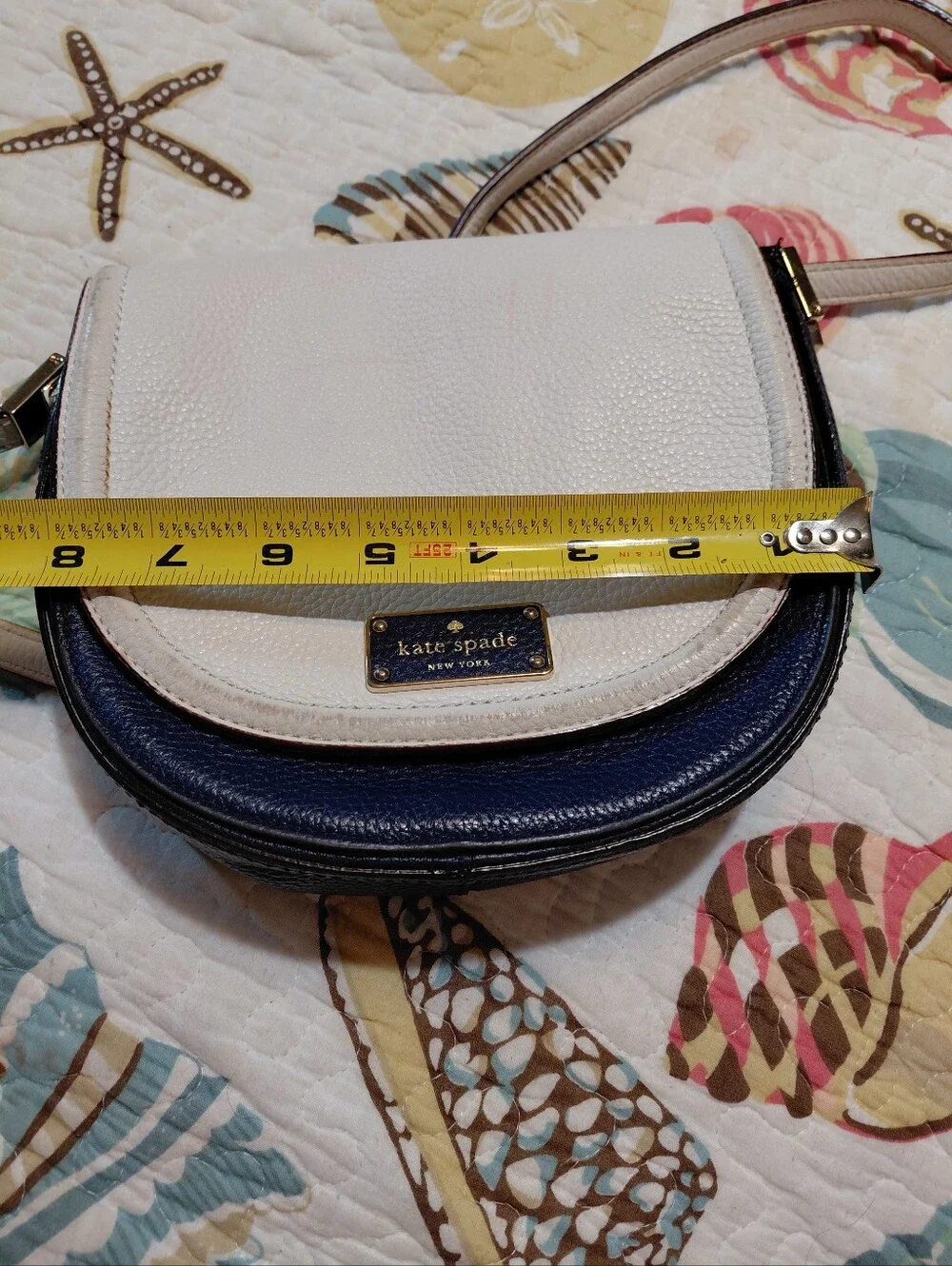 Kate Spade NY Oliver Street White/Navy Blue Pebbled Leather Saddle Bag Crossbody